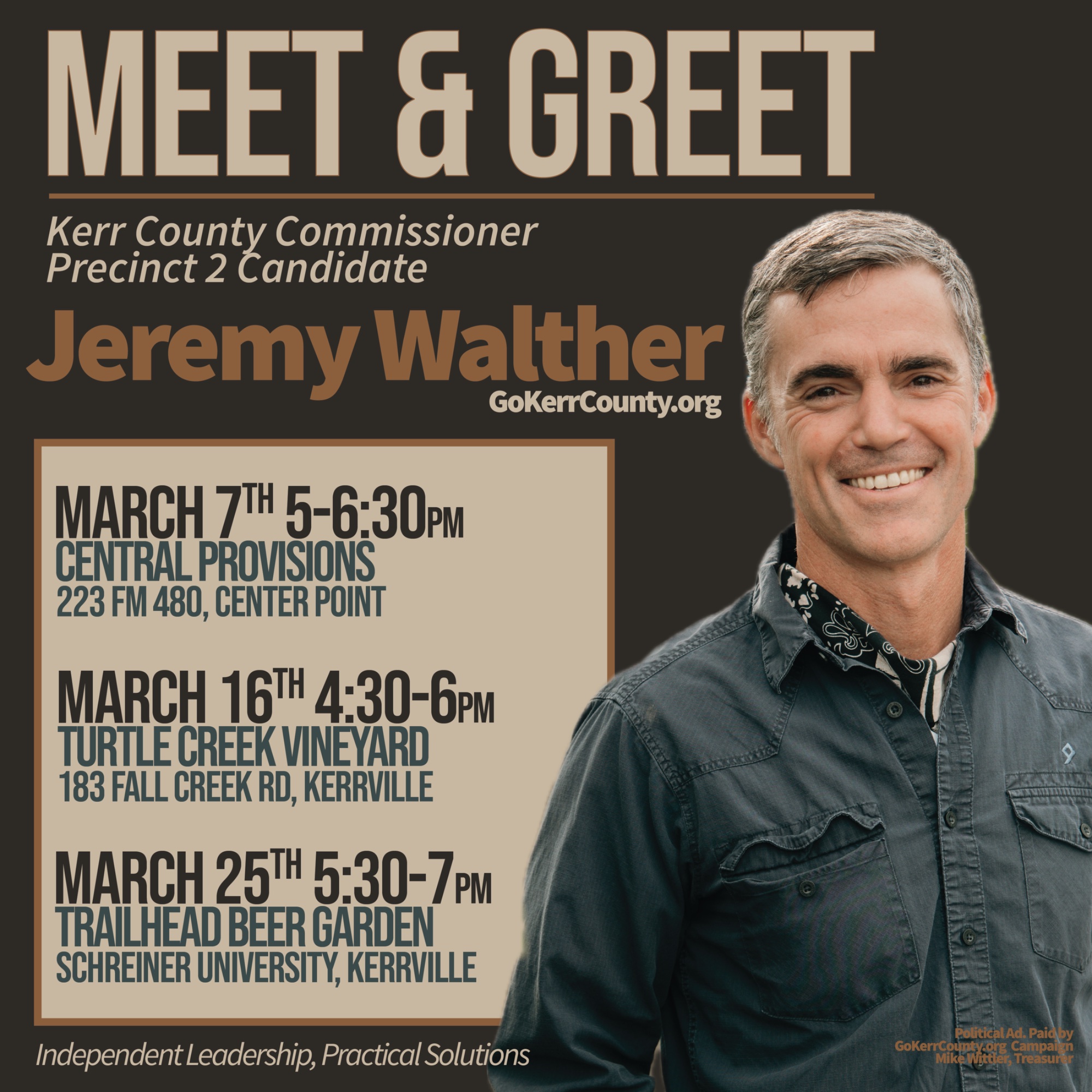 Meet & Greet events with Jeremy Walther - March 7, 16, and 25